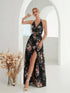 Elegant Flower Print Chiffon Dress for Women - Sexy Halter V Neck Backless Long Summer Fashion Party Dress